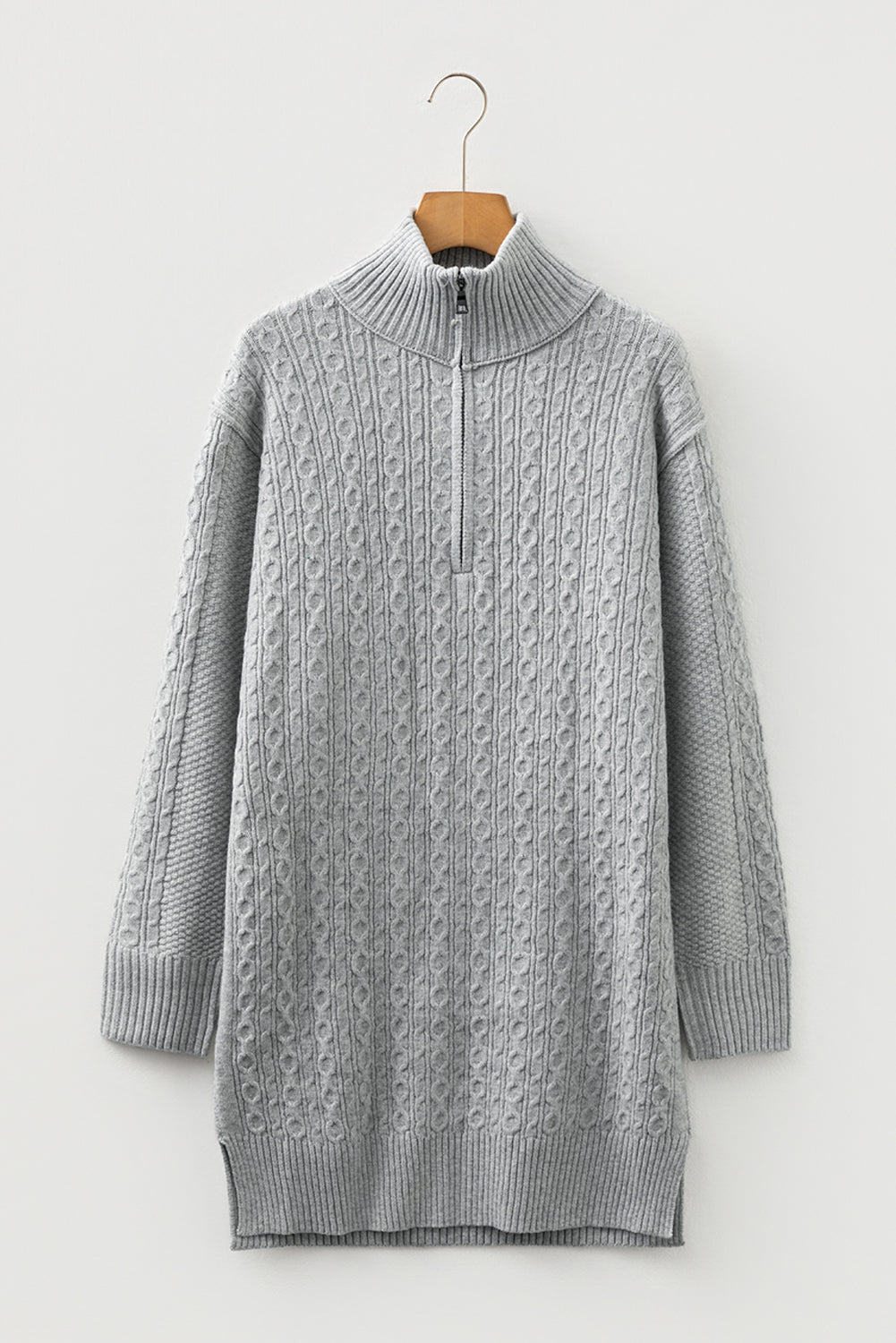 High Cable Knit Quarter Zip Ribbed Trim Loose Sweater Dress