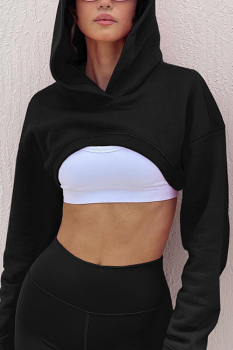 Exquisite slight stretch two colors hooded crop sweatshirt(only sweatshirt)