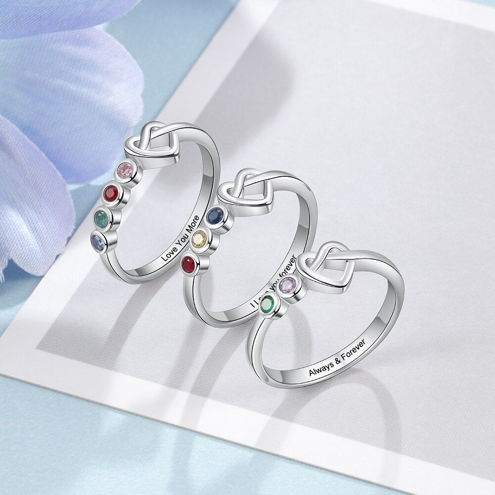 JewelOra Personalized Engraving Heart Knot Rings for Women Customized 2-4 Birthstones Finger Ring Christmas Gifts for Mother