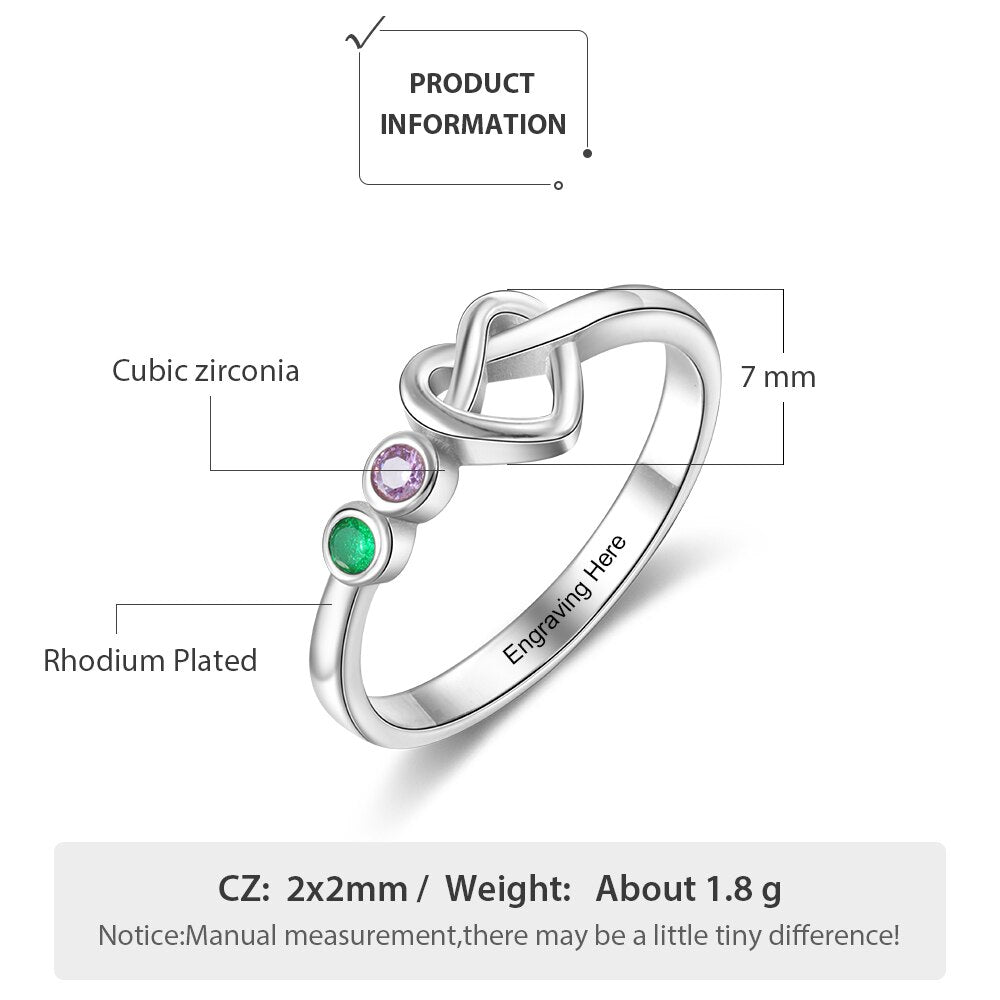 JewelOra Personalized Engraving Heart Knot Rings for Women Customized 2-4 Birthstones Finger Ring Christmas Gifts for Mother
