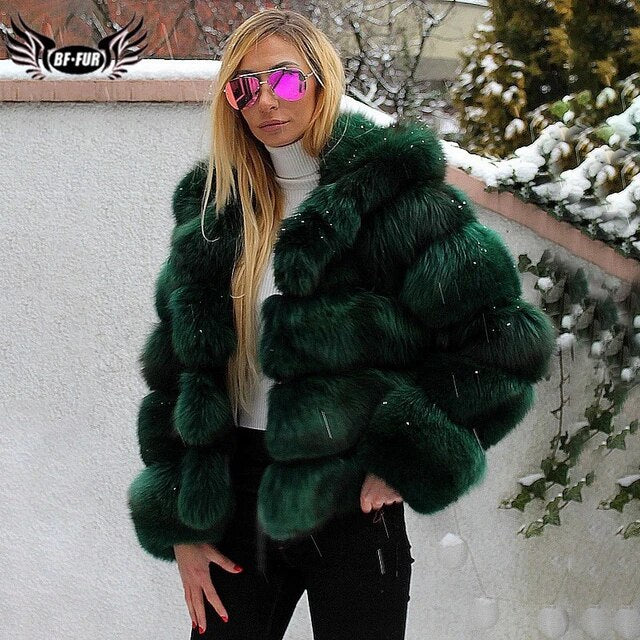 Luxury Green Faux Fox Fur Coat Women Short Winter Jacket with Big Fur Hood