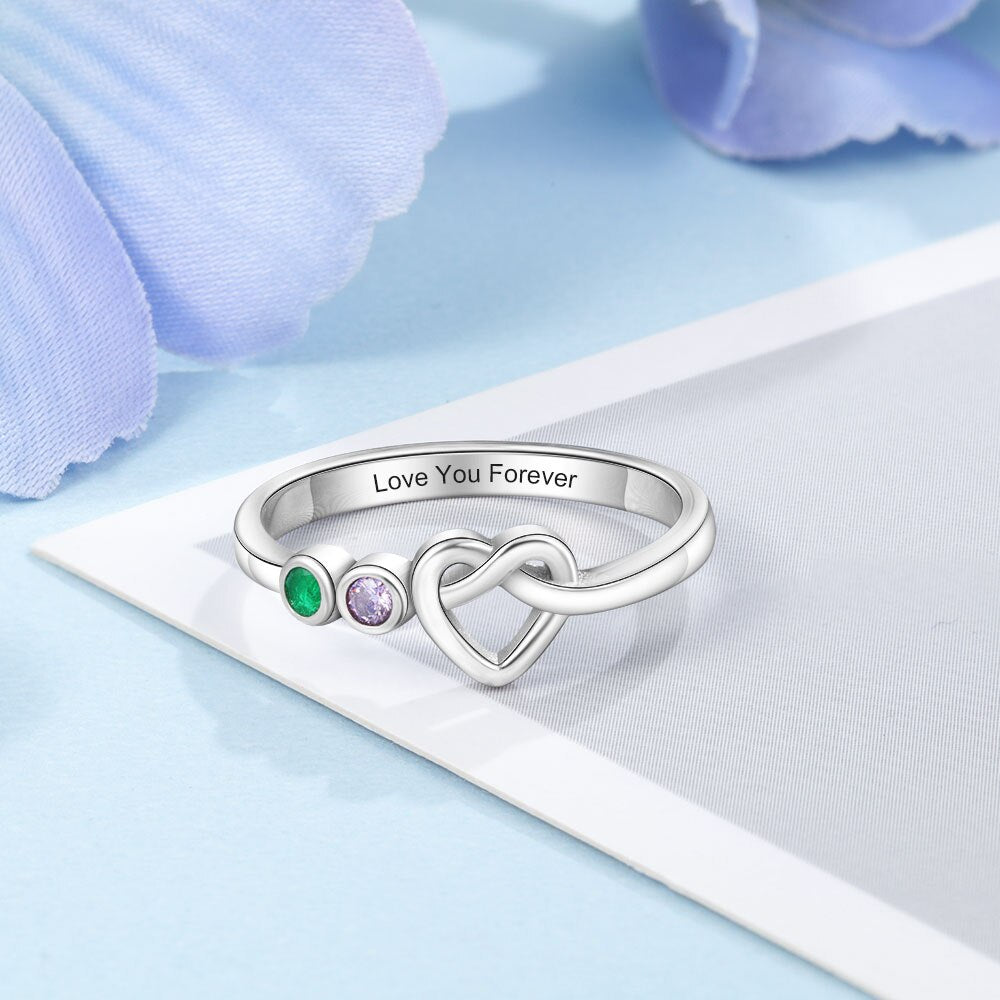 JewelOra Personalized Engraving Heart Knot Rings for Women Customized 2-4 Birthstones Finger Ring Christmas Gifts for Mother