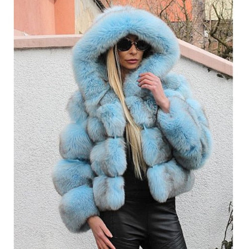 Luxury Faux Fox Fur Coat Short Winter Jacket with Big Fur Hood