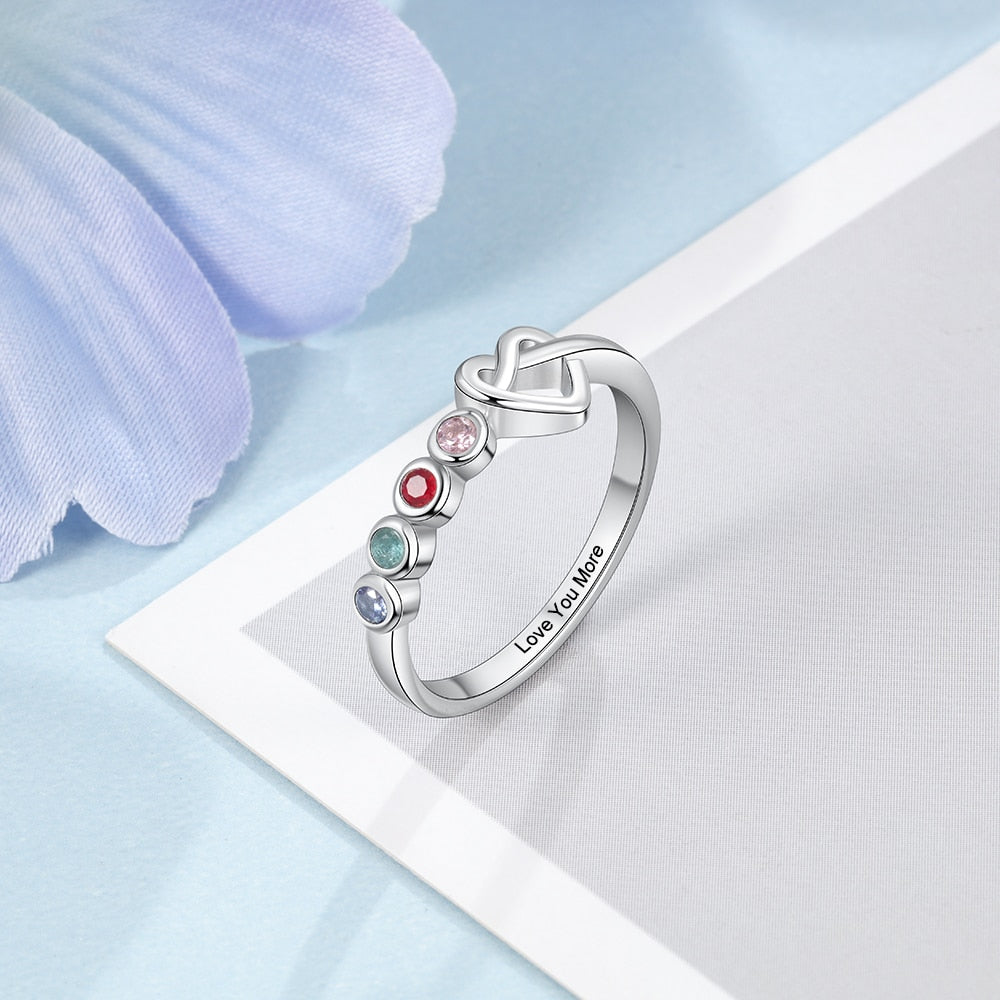 JewelOra Personalized Engraving Heart Knot Rings for Women Customized 2-4 Birthstones Finger Ring Christmas Gifts for Mother