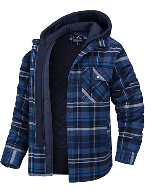 Men casual Padded Plaid Hooded Jacket