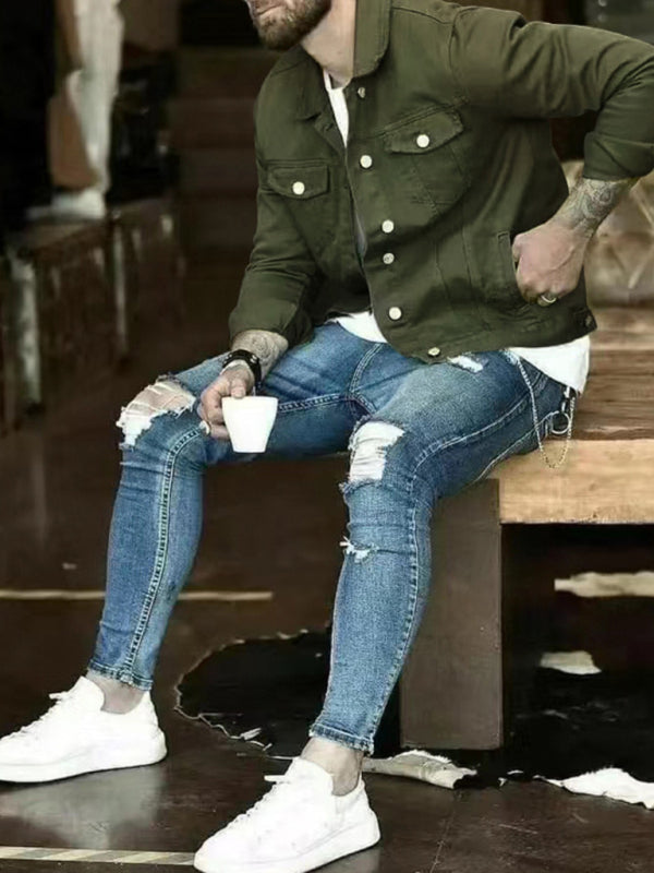 Men's casual multi-pocket button denim jacket