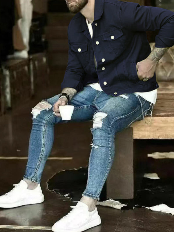 Men's casual multi-pocket button denim jacket