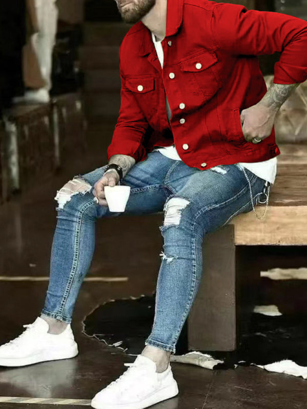 Men's casual multi-pocket button denim jacket