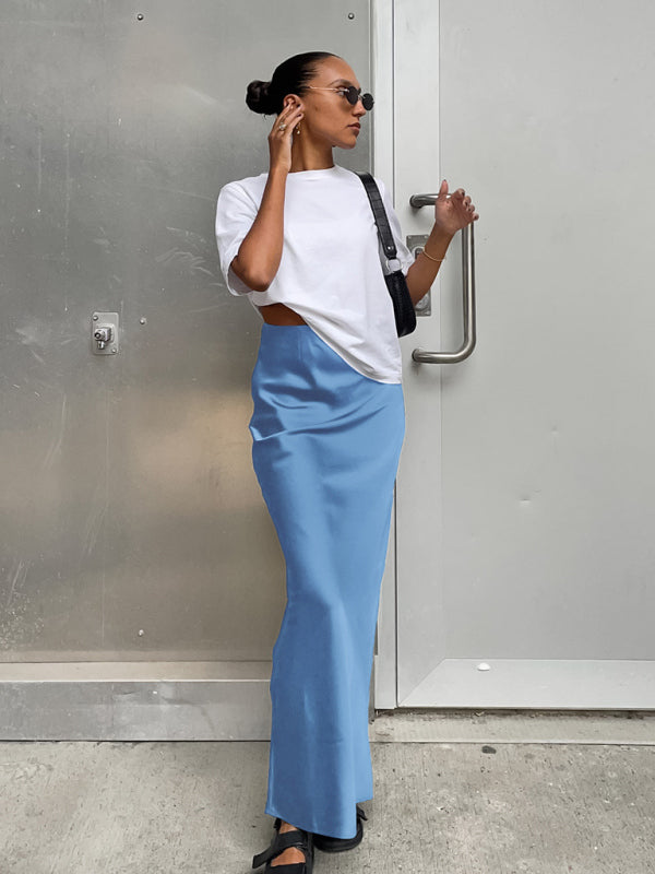 Elegant high-waisted satin satin long skirt