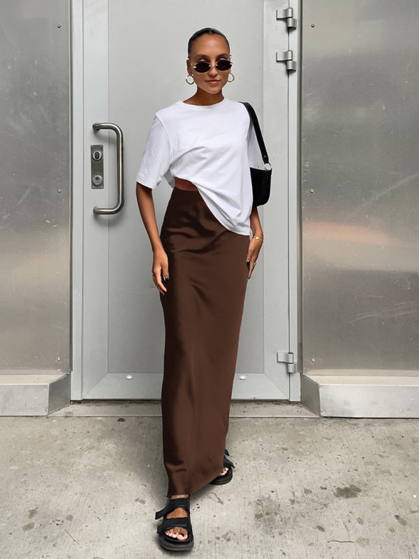 Elegant high-waisted satin satin long skirt