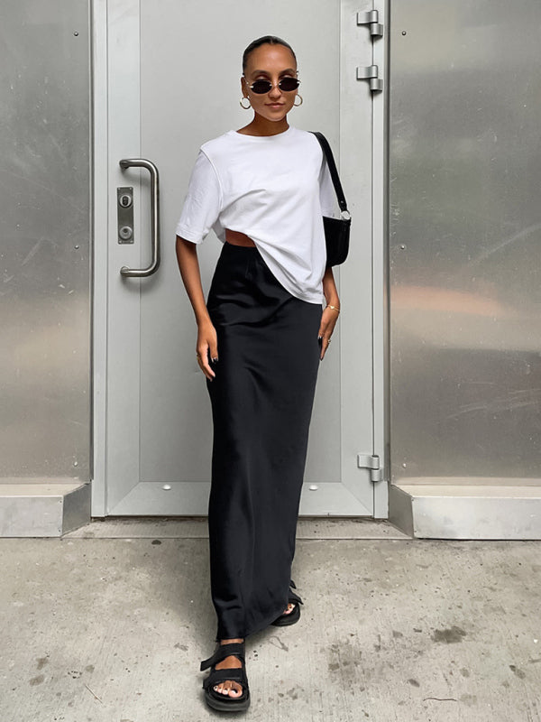 Elegant high-waisted satin satin long skirt