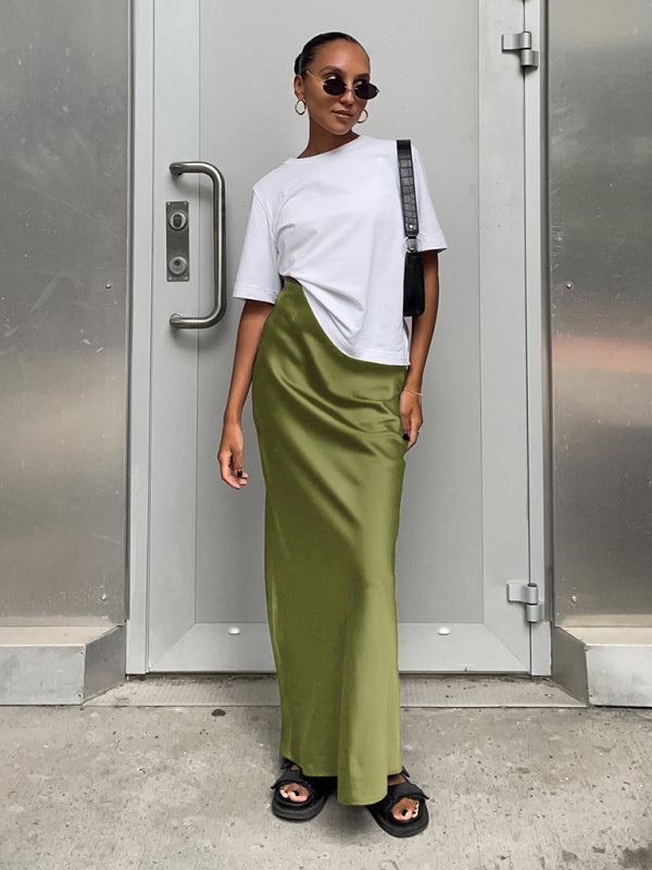 Elegant high-waisted satin satin long skirt