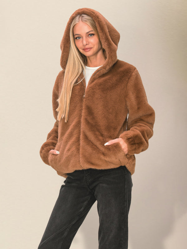 Women's loose hooded zipper plush jacket