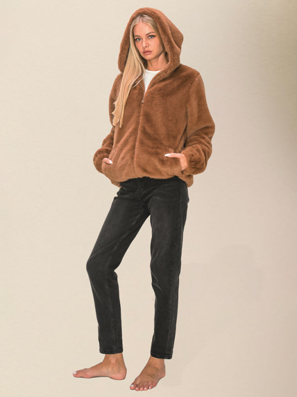 Women's loose hooded zipper plush jacket