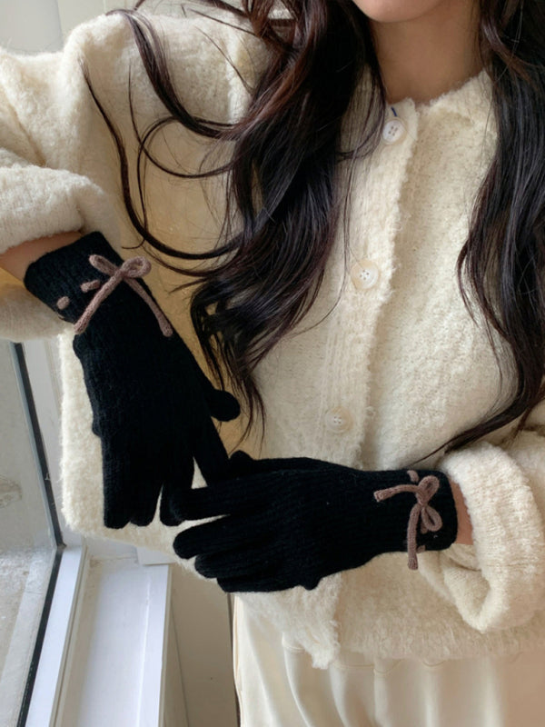 New women's warm, cute and versatile bow-knot warm touch screen fingerless gloves