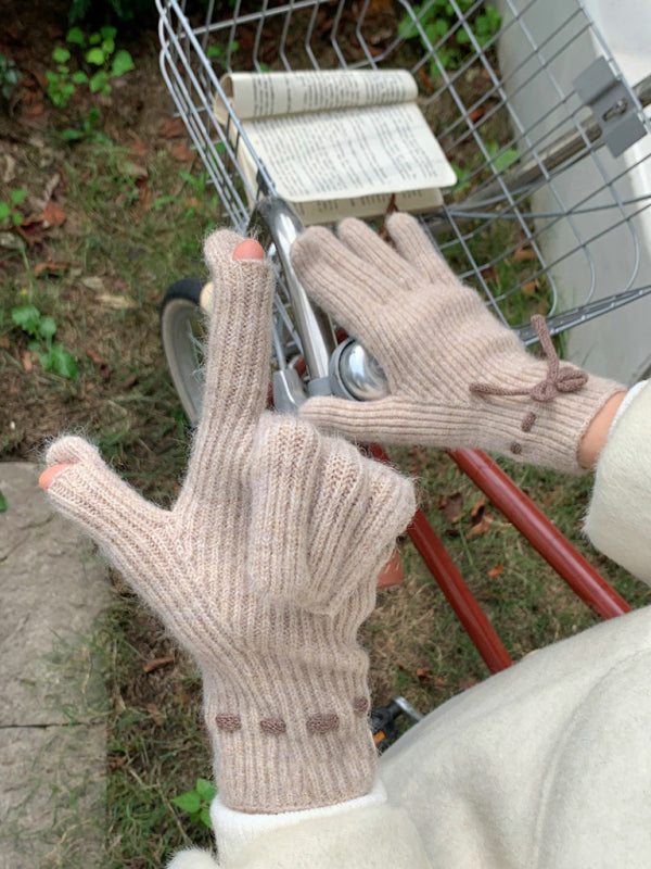 New women's warm, cute and versatile bow-knot warm touch screen fingerless gloves
