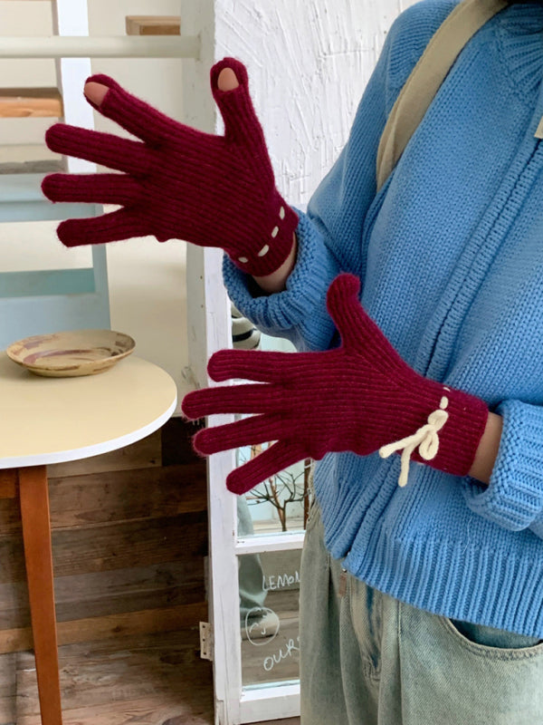 New women's warm, cute and versatile bow-knot warm touch screen fingerless gloves
