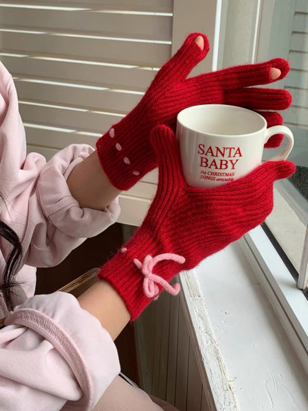 New women's warm, cute and versatile bow-knot warm touch screen fingerless gloves