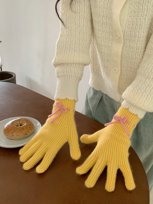 New women's warm, cute and versatile bow-knot warm touch screen fingerless gloves