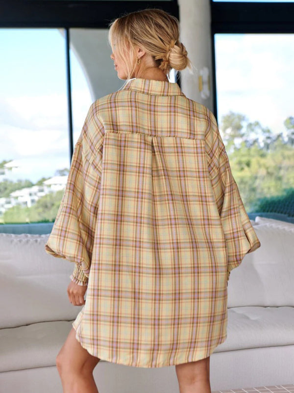 New comfortable plaid lantern sleeve long sleeve shirt