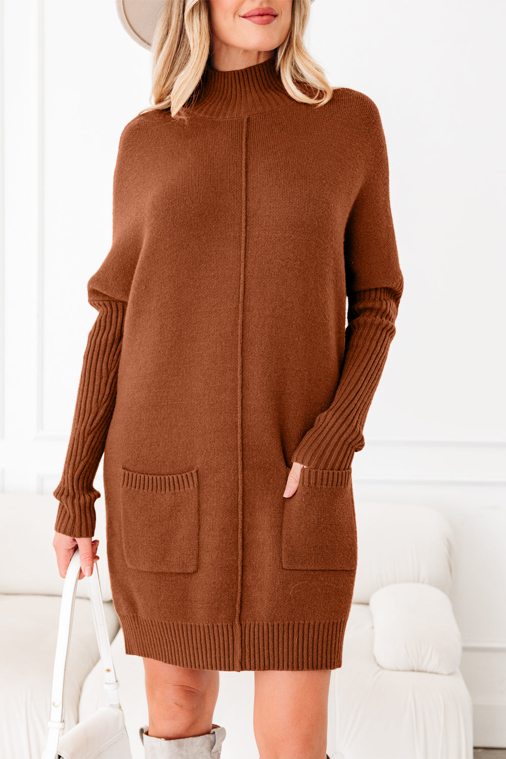 Chestnut Ribbed High Neck Front Pockets Center Seam Shift Sweater Dress