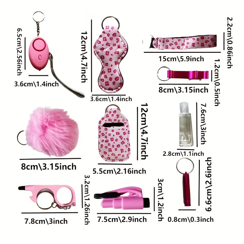 10pcs Women's Personal Alarm Keychain Set with  Bottle Opener, and Storage Bag