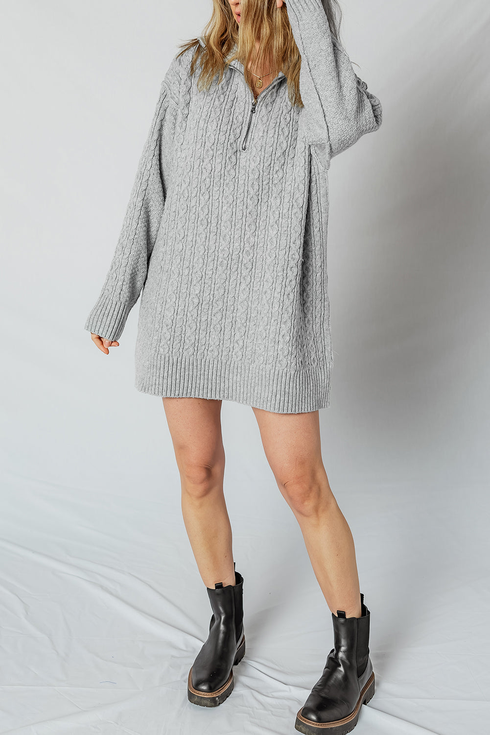 High Cable Knit Quarter Zip Ribbed Trim Loose Sweater Dress