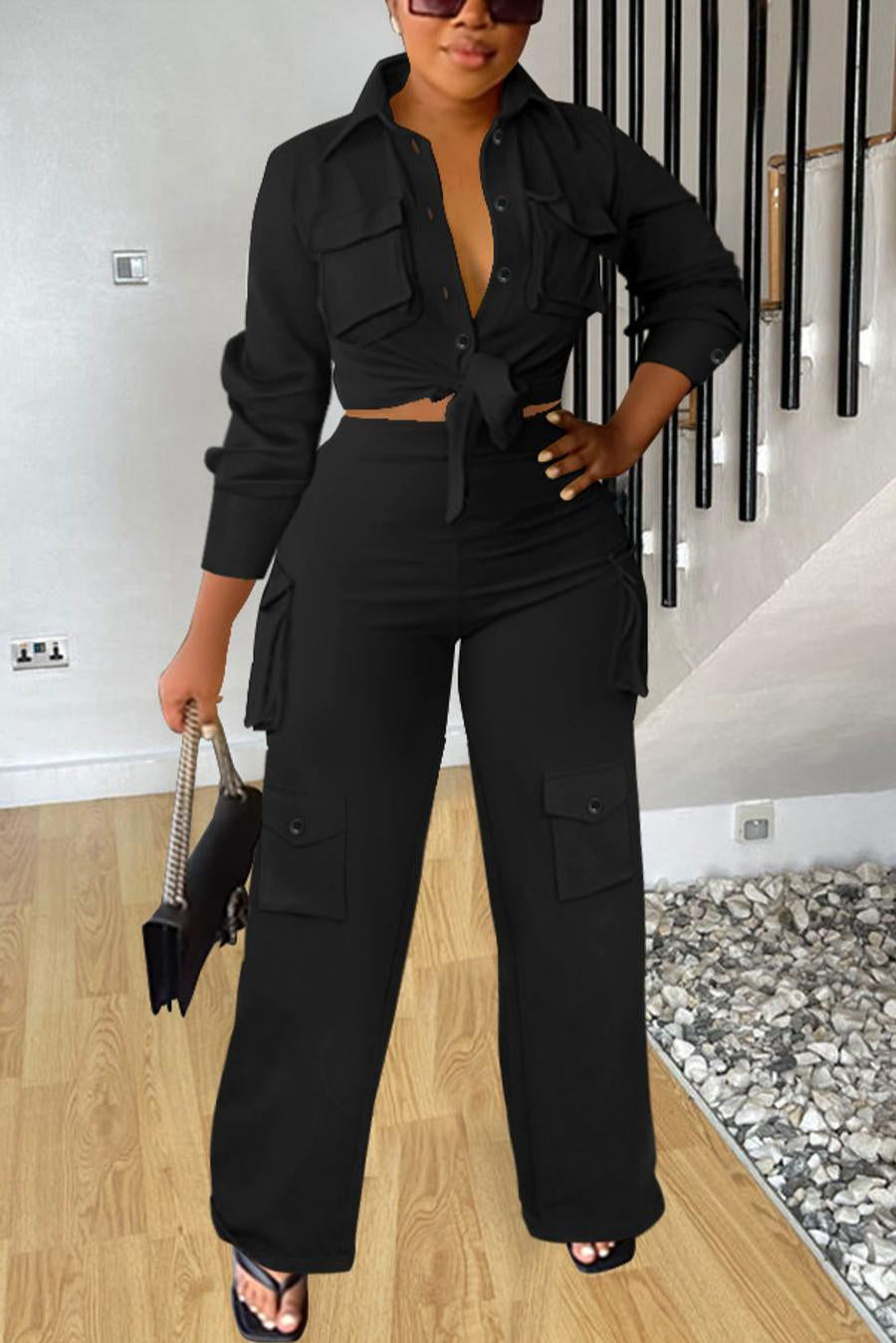 Casual plus size slight stretch 5 colors solid color lapel pants sets