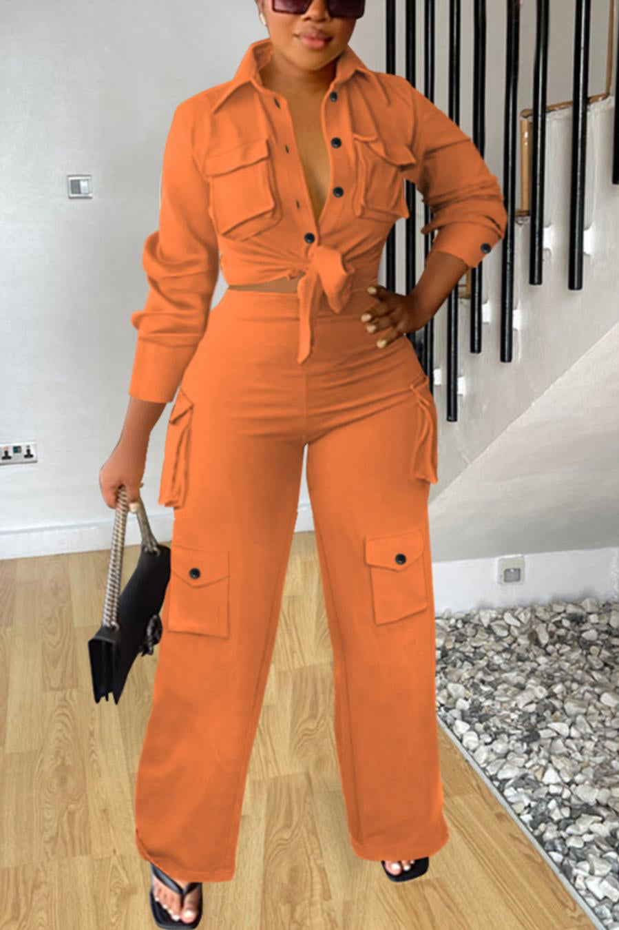 Casual plus size slight stretch 5 colors solid color lapel pants sets