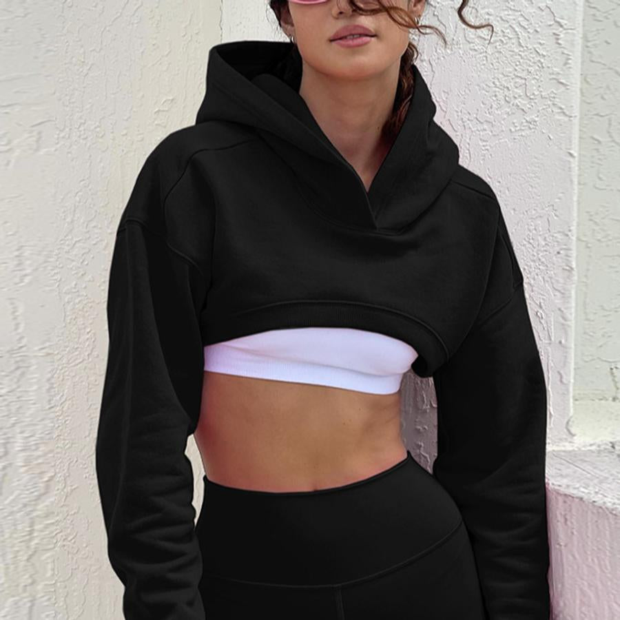 Exquisite slight stretch two colors hooded crop sweatshirt(only sweatshirt)