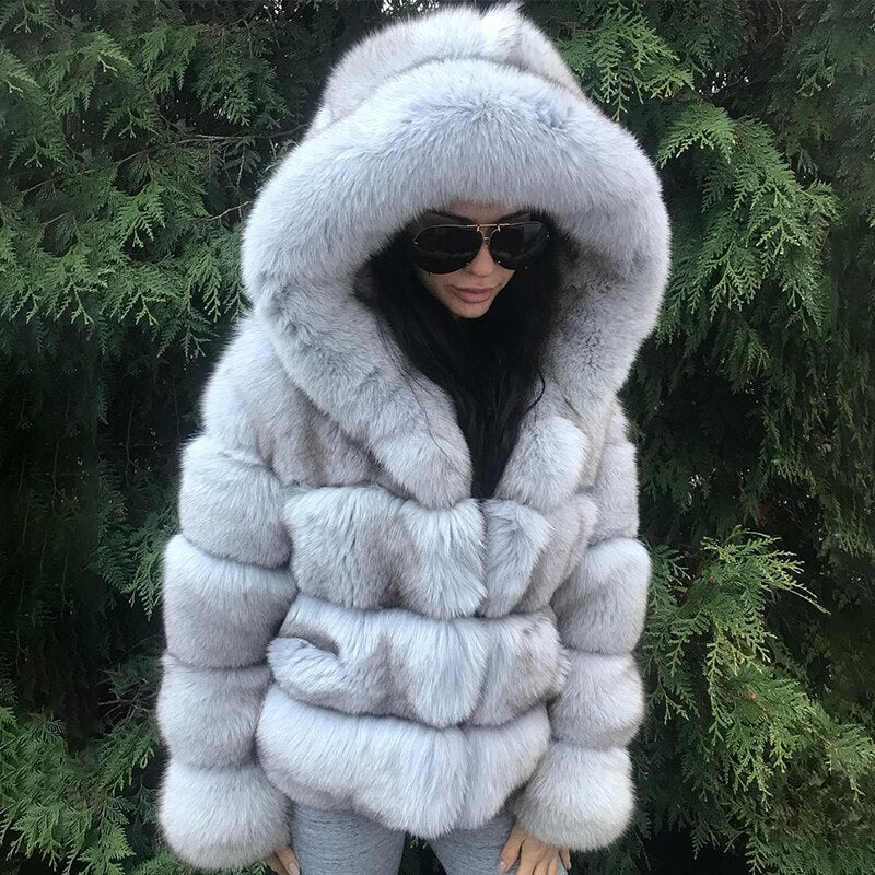 Luxury Khaki Faux Fox Fur Coat Women Short Winter Jacket with Big Fur Hood