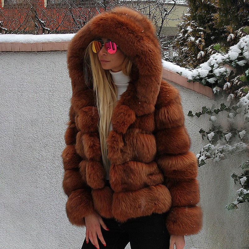 Luxury Green Faux Fox Fur Coat Women Short Winter Jacket with Big Fur Hood