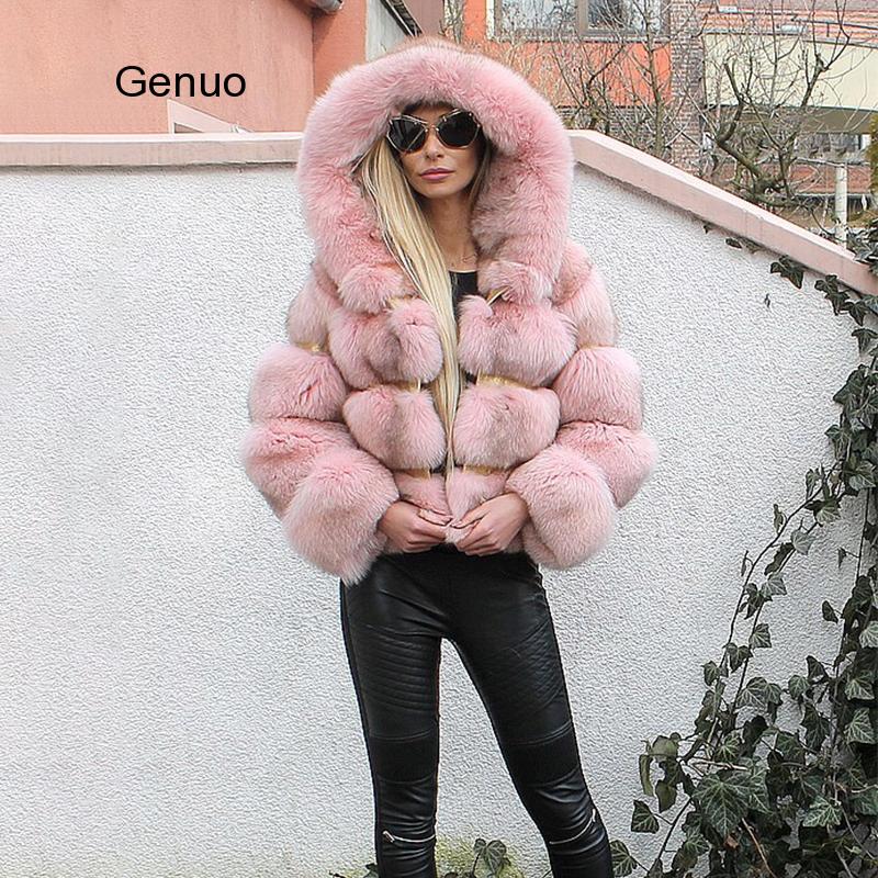 Luxury Faux Fox Fur Coat Women Short Winter Jacket with Big Fur Hood Thick Warm Overcoat 2020 New Fashion Flurry Fake Fur Coats