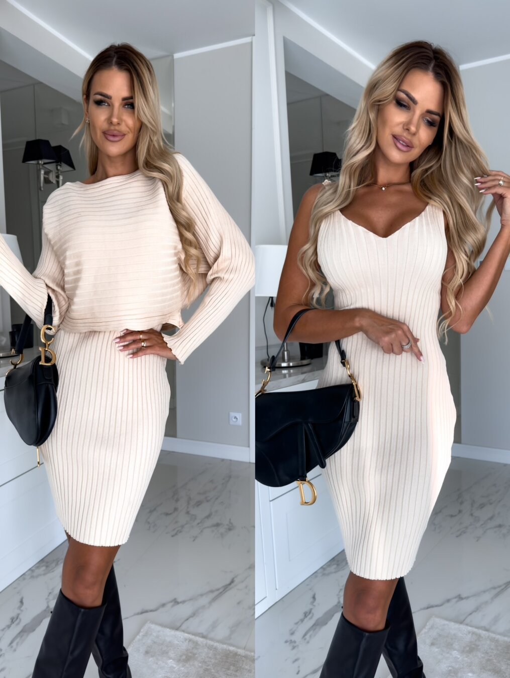 2pcs  Women's Solid Stripe Long-sleeved Top And  Suspender Skirt