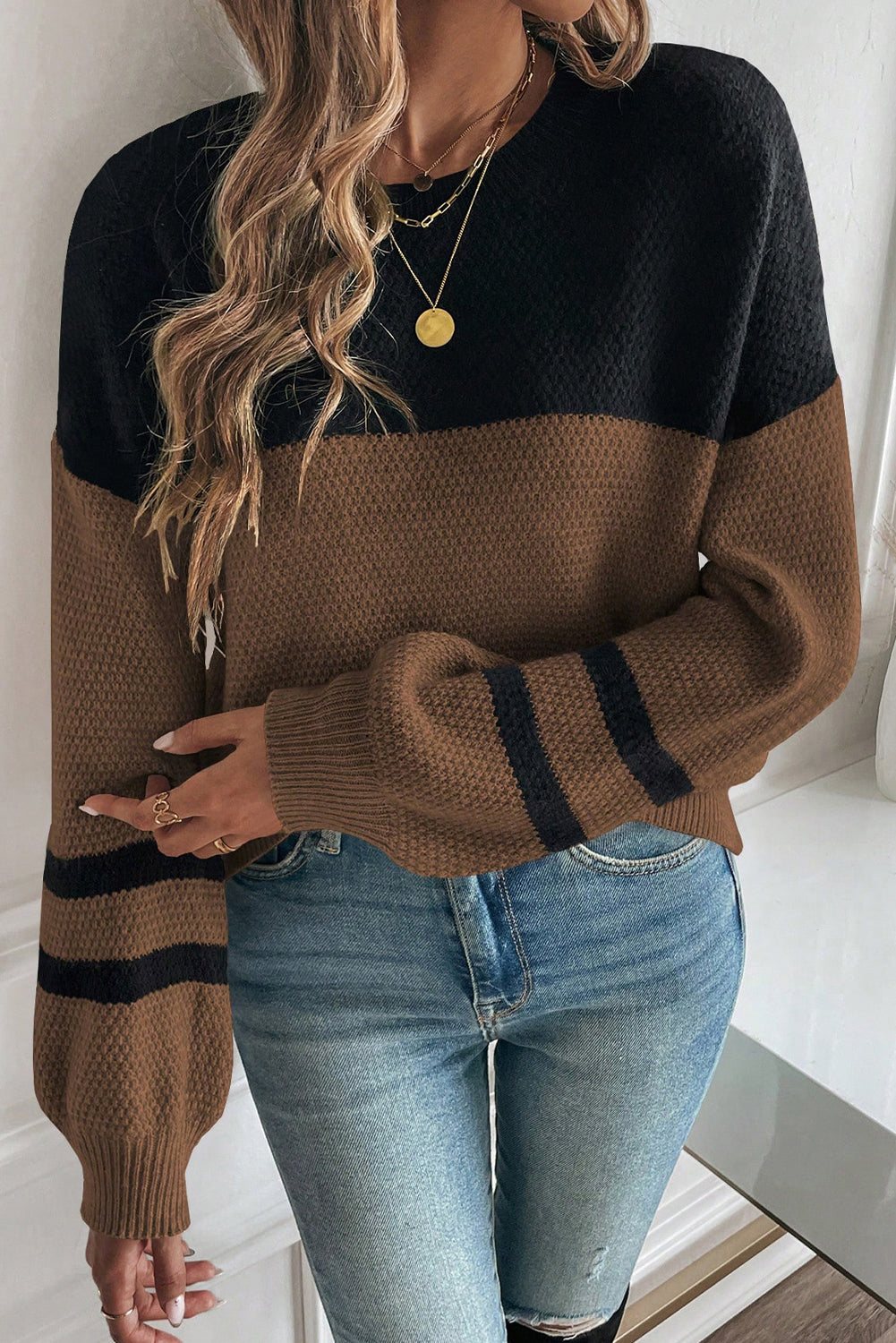 Parchment Color Block Knit Striped Sleeve Detail Casual Sweater