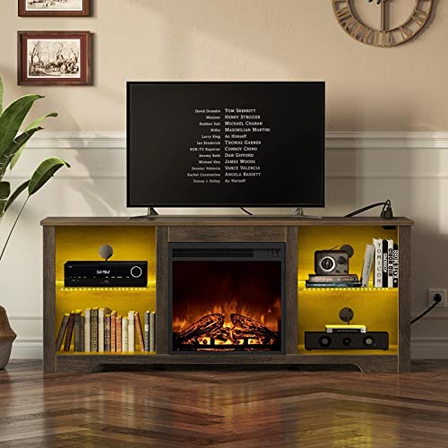 Rolanstar Fireplace TV Stand 57.9&quot; with Led Lights and Power Outlets, TV Console for TVs up to 65&quot;, Entertainment Center with Adjustable Glass Shelves, Walnut - 1649286805