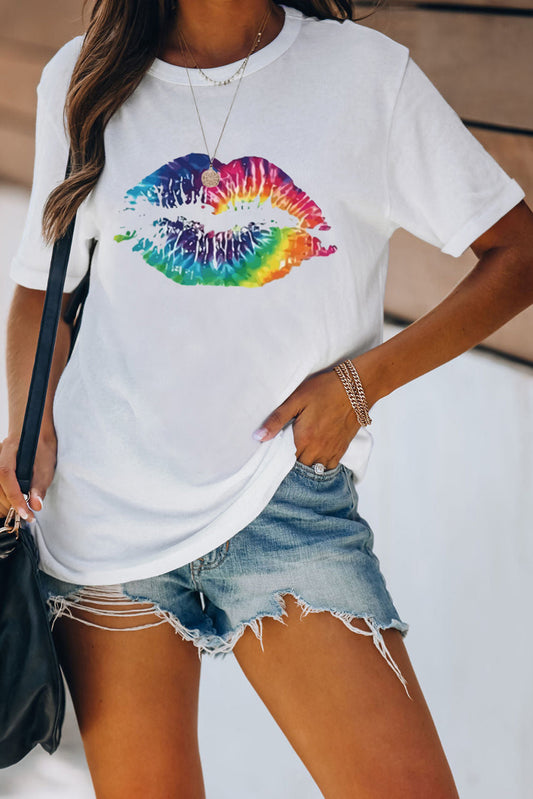 White Tie Dyed Lip Shaped Print Short Sleeve T Shirt