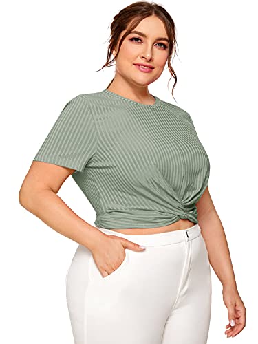 Romwe Women's Plue Size Front Twist Short Sleeve Plus Size Crop T-Shirt Tops Blouse Mix Green 4X - 1651442228