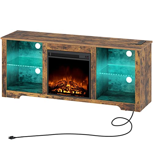 Rolanstar Fireplace TV Stand 57.9&quot; with Led Lights and Power Outlets, TV Console for TVs up to 65&quot;, Entertainment Center with Adjustable Glass Shelves, Walnut - 1649286805