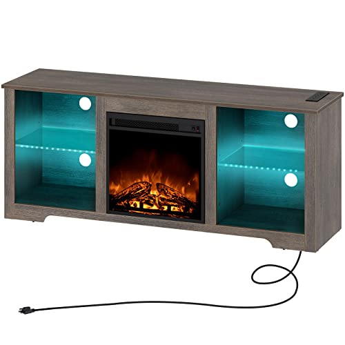 Rolanstar Fireplace TV Stand 57.9&quot; with Led Lights and Power Outlets, TV Console for TVs up to 65&quot;, Entertainment Center with Adjustable Glass Shelves, Walnut - 1649286805