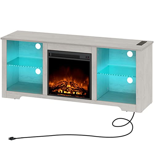 Rolanstar Fireplace TV Stand 57.9&quot; with Led Lights and Power Outlets, TV Console for TVs up to 65&quot;, Entertainment Center with Adjustable Glass Shelves, Walnut - 1649286805