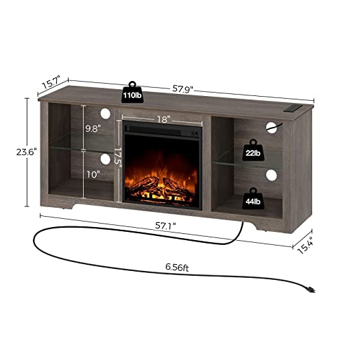 Rolanstar Fireplace TV Stand 57.9&quot; with Led Lights and Power Outlets, TV Console for TVs up to 65&quot;, Entertainment Center with Adjustable Glass Shelves, Walnut - 1649286805