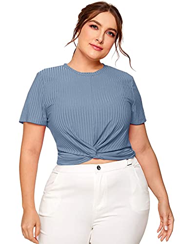 Romwe Women's Plue Size Front Twist Short Sleeve Plus Size Crop T-Shirt Tops Blouse Mix Green 4X - 1651442228