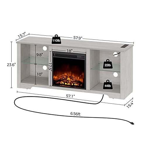 Rolanstar Fireplace TV Stand 57.9&quot; with Led Lights and Power Outlets, TV Console for TVs up to 65&quot;, Entertainment Center with Adjustable Glass Shelves, Walnut - 1649286805