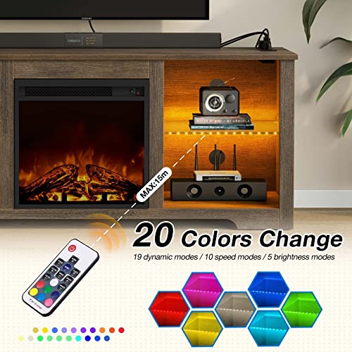 Rolanstar Fireplace TV Stand 57.9&quot; with Led Lights and Power Outlets, TV Console for TVs up to 65&quot;, Entertainment Center with Adjustable Glass Shelves, Walnut - 1649286805