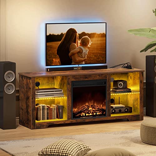 Rolanstar Fireplace TV Stand 57.9&quot; with Led Lights and Power Outlets, TV Console for TVs up to 65&quot;, Entertainment Center with Adjustable Glass Shelves, Walnut - 1649286805