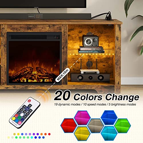Rolanstar Fireplace TV Stand 57.9&quot; with Led Lights and Power Outlets, TV Console for TVs up to 65&quot;, Entertainment Center with Adjustable Glass Shelves, Walnut - 1649286805