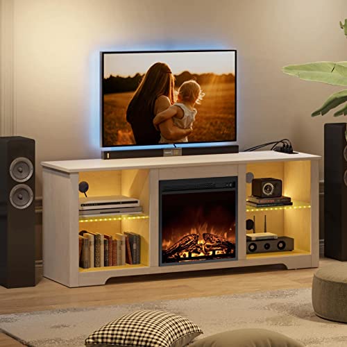 Rolanstar Fireplace TV Stand 57.9&quot; with Led Lights and Power Outlets, TV Console for TVs up to 65&quot;, Entertainment Center with Adjustable Glass Shelves, Walnut - 1649286805