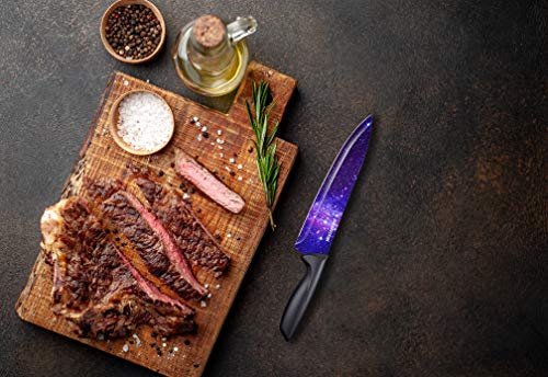 PurpleChef 10 Pieces Purple Galaxy Kitchen Knives Set. Includes 6 Stainless Steel Knives, Scissors, Knife Sharpener, Peeler, and Clear Acrylic Stand. - 1649287047