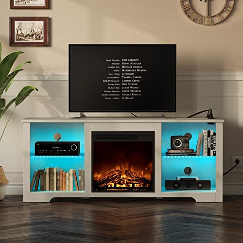 Rolanstar Fireplace TV Stand 57.9&quot; with Led Lights and Power Outlets, TV Console for TVs up to 65&quot;, Entertainment Center with Adjustable Glass Shelves, Walnut - 1649286805